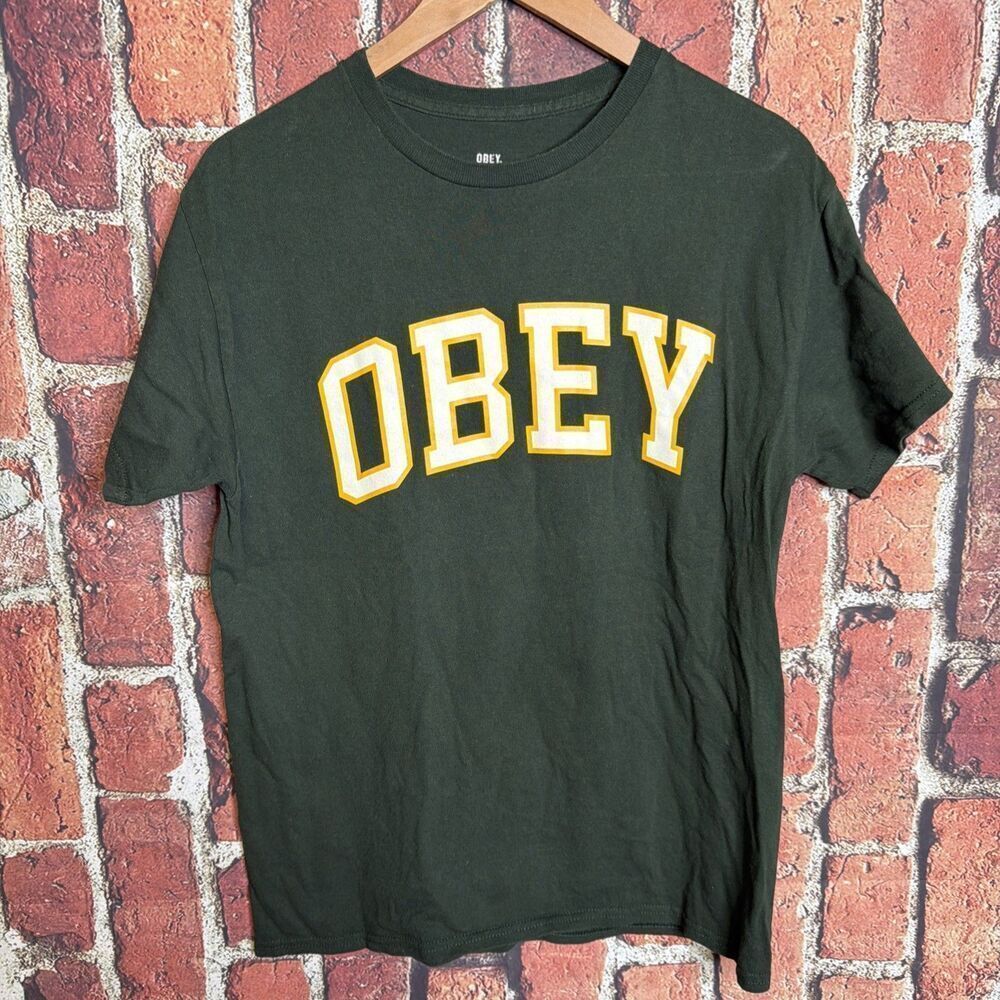Obey Mens Graphic Tee Green Yellow Cotton T-Shirt Medium